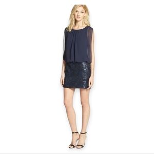 Aidan Mattox Navy Cocktail Dress Sheer Flatter Top & Sequined Skirt Boho Size 4